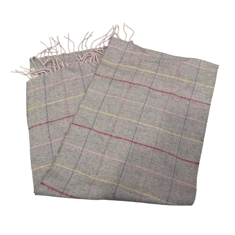Irelandseye Scarf Unisex OS Beige Wool Cashmere Plaid Herringbone Fringe